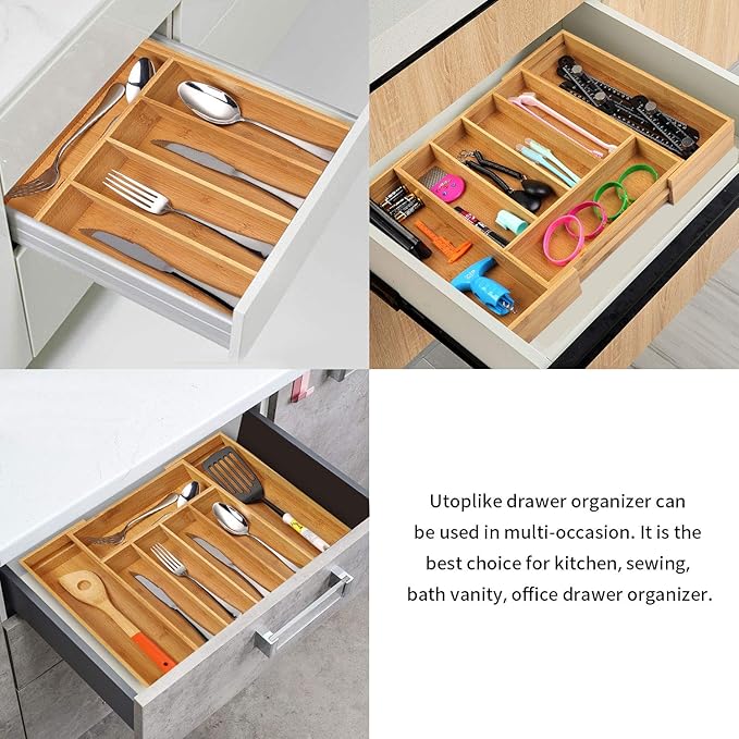 Utoplike Bamboo Cutlery Tray Silverware, Drawer Dividers for Kitchen Utensils, Flatware Tray Drawer Insert for knives, Gadgets and Garage Tools, Office Supplies-Ruum Studio Home