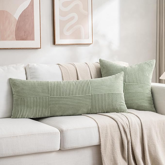 Fancy Homi Set of 2 Sage Green Boho Long Lumbar Body Decorative Throw Pillow Cover 14x36 Inch for Bed Couch Bedroom Bench, Soft Patchwork Corduroy Textured Pillow Case, Rustic Farmhouse Room Décor-Ruum Studio Home