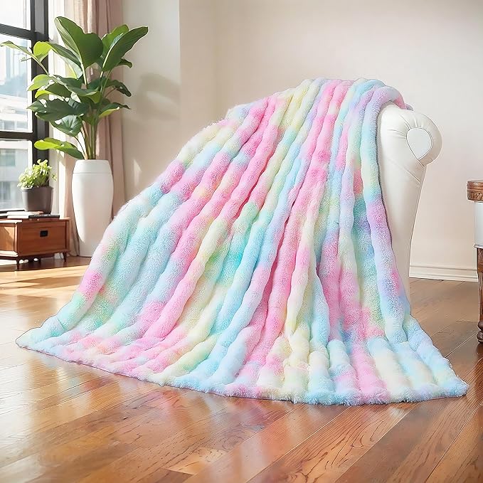 UKELER Colorful Plush Furry Throw Blanket 50''x60'', Super Soft Cozy Warm Blanket for Bed, Couch, Sofa, Office, Camping Shaggy Faux Fur Blanket Gift for Girls, Women-Ruum Studio Home