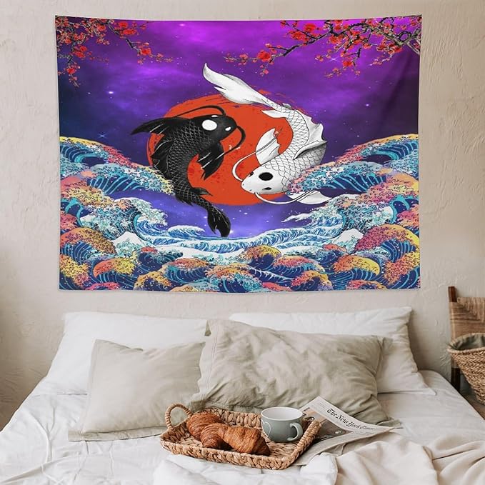 Houselerax Japanese Koi Fish Tapestry, Yin Yang Big Wave Cherry Blossom Tapestries Wall Hanging for Bedroom Living Room Office Decor 80"x60"-Ruum Studio Home