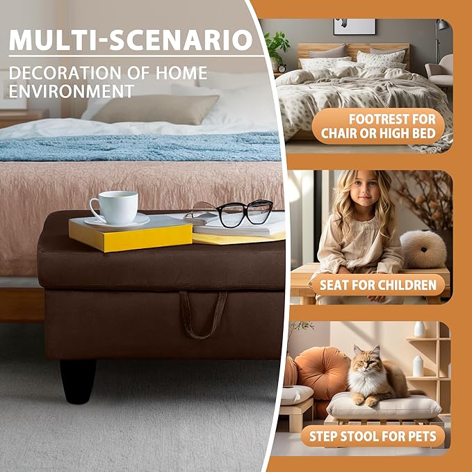 Ottoman Rectangular Storage Ottoman Bench, Flannel Footrest Stool Footstool with Lid for Living Room, Bedroom, Entryway, Chocolate, 28.5"x19"x17.5"-Ruum Studio Home