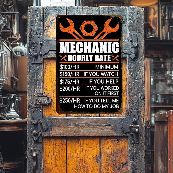 Mechanic Gifts for Men - Garage Metal Tin Signs Vintage Car Shop Accessories Decor Mechanic Hourly Rate Metal Sign 8x12 Inch-Ruum Studio Home