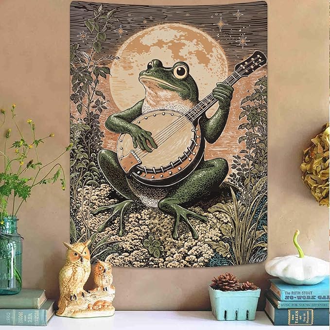 Lunerfex Moonlit Banjo Frog Wall Tapestry, Whimsical Amphibian Musician Tapestries for Room Decor, Folk Art Tapestry 44L x 60W-Ruum Studio Home