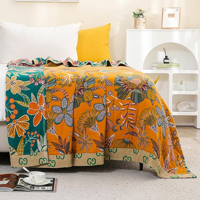 Boho Throw Blankets Reversible Luxurious Cotton Bed Throws with Vintage Bohemian Design & Yellow/Green Lightwight Floral Decor Blanket, Perfect as Bed Sofa Quilt 60" x 80"-Ruum Studio Home