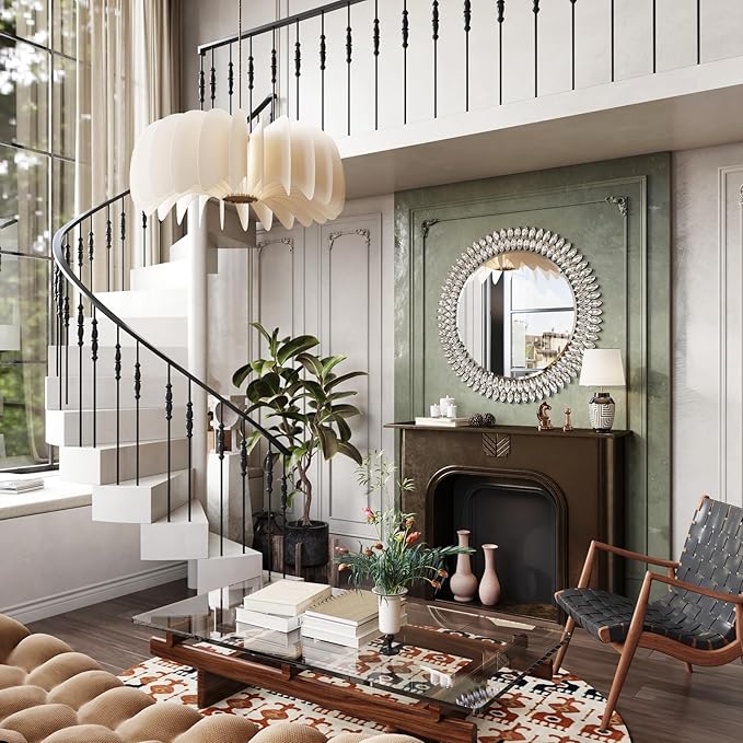 Kelly Miller Round Jeweled Mirror for Wall Decor, 32 in Modern Decorative Wall Mirror with Luxury Diamonds Beveled Vanity Mirror for Bedroom, Living Room, Bathroom, Hallway, Entryway, Fireplace-Ruum Studio Home