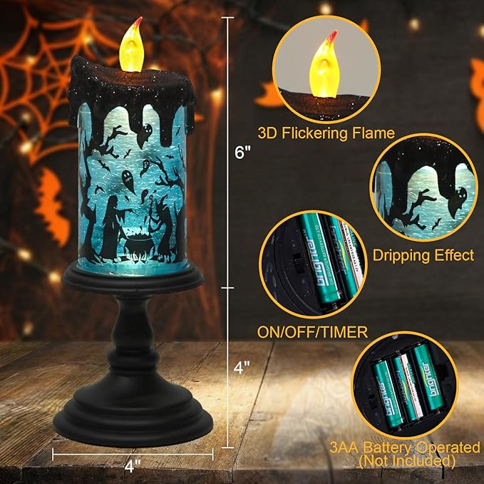 Eldnacele Halloween Snow Globe Flameless Candle with Timer, Battery Operated Spooky Spinning Water Glittering Tornado Lamp LED Candlestick Table Fireplace Witch Decal Halloween Holiday Decoration-Ruum Studio Home
