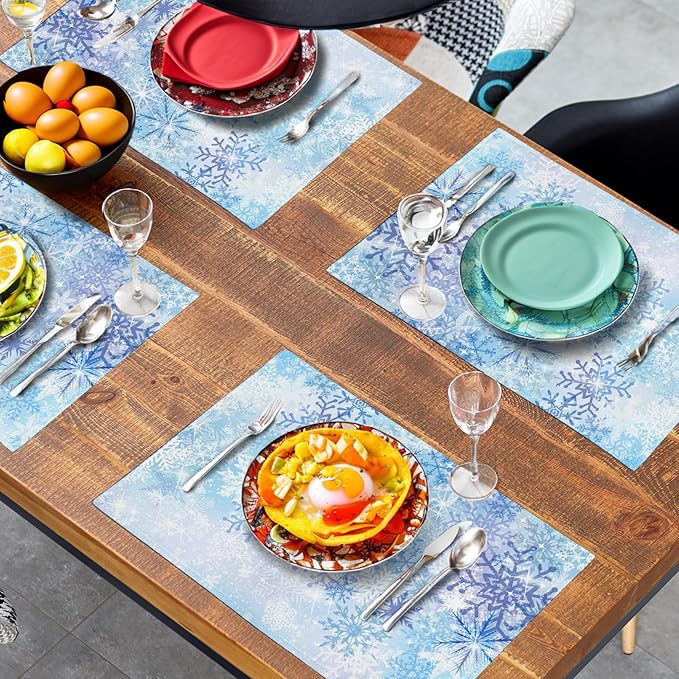 Blue Snowflake Winter Placemats Set of 4 Xmas Snow Place Mat Merry Christmas Linen Fabric Table Mats Washable Heat Resistant Placemat for Farmhouse Kitchen Dining Party Decoration-Ruum Studio Home