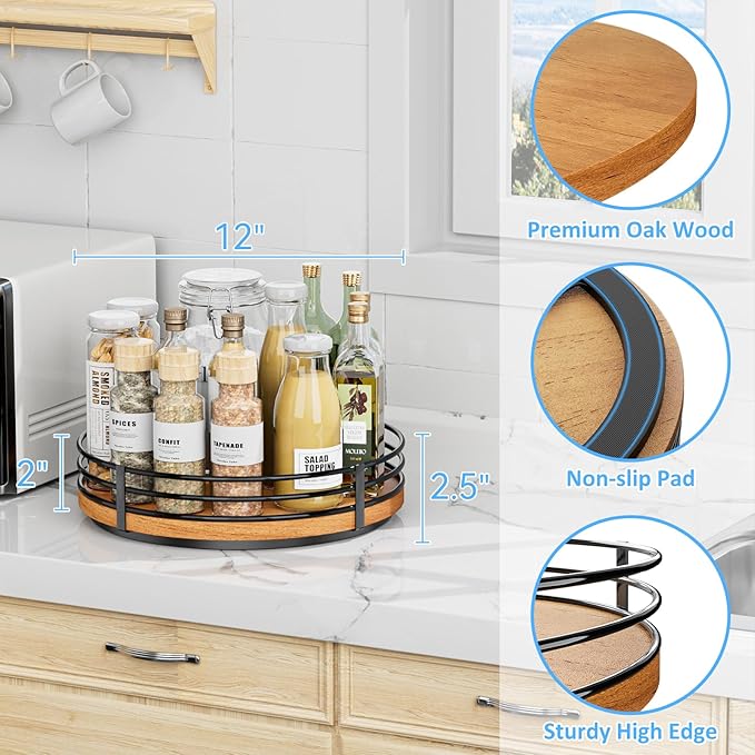 12" Lazy Susan Turntable Organizer - Oak Wood Lazy Susan for Cabinet Kitchen Countertop Dining Table Pantry Cupboard Bathroom Coffee Bar Storage Spice Rack Home Decor-Ruum Studio Home