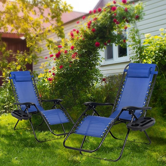 Nazhura Set of 2 Relaxing Recliners Patio Chairs Adjustable Steel Mesh Zero Gravity Lounge Chair Beach Chairs with Pillow and Cup Holder (Blue)-Ruum Studio Home