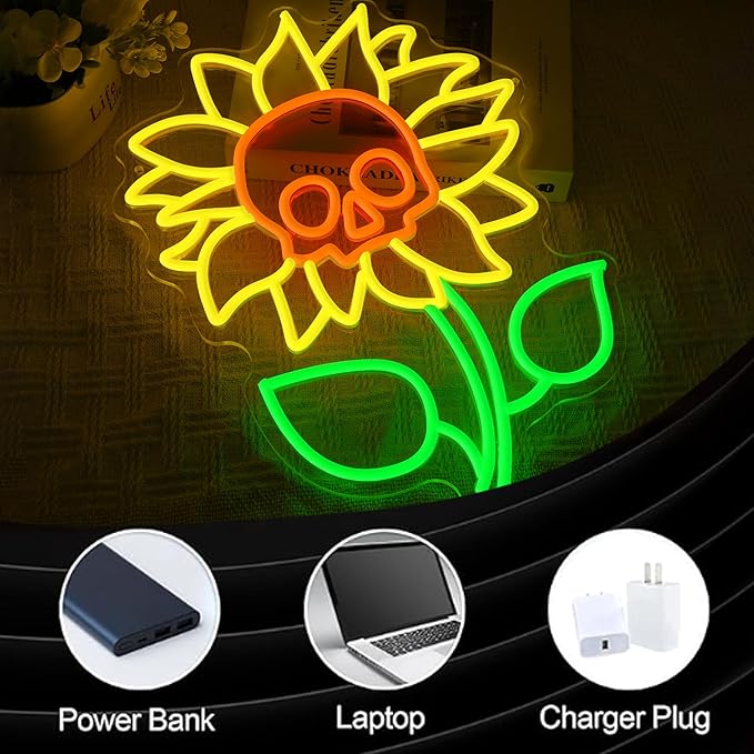Sunflower Skull Neon Sign Wall Decor USB Powered Skeleton Head Halloween Neon Light Sign Dimmable Funny Halloween Day LED Sign for Trick or Treat Party Backdrop Bedroom Bar Man Cave-Ruum Studio Home