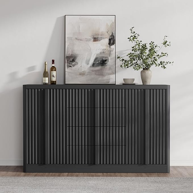 Buffet Cabinet with Storage, 60" Fluted Coffee Bar with 4 Drawers & 2 Doors, Modern Sideboard Buffet with Solid Wood Handle, Credenza Storage Cabinet for Living Room Kitchen Dining Room, Black(1PCS)-Ruum Studio Home