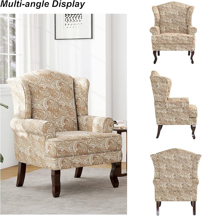 Accent Chair, High Back Upholstered Armchair with High Resilience Sponge & Wood Legs, Mid-Century Modern Comfy Single Sofa Reading Chairs for Living Room, Bedroom (Floral Sand, Set of 1)-Ruum Studio Home