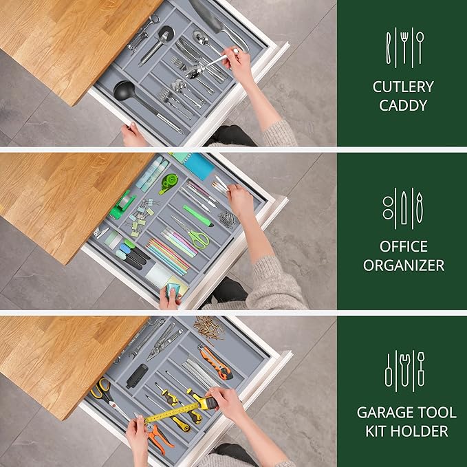 Luxury Bamboo Kitchen Drawer Organizer - Silverware Organizer - Utensil Holder and Cutlery Tray with Grooved Drawer Dividers for Flatware and Kitchen Utensils (9 Slot, Gray)-Ruum Studio Home