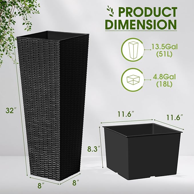 Devoko Resin Tall Planters for Outdoor Plants Set of 2, Large Taper Outdoor Planter Pots with 4 Drainage Holes, Flower Pots Modern Decor for Porch, Patio, Backyard, Home Garden (Black, 32")-Ruum Studio Home