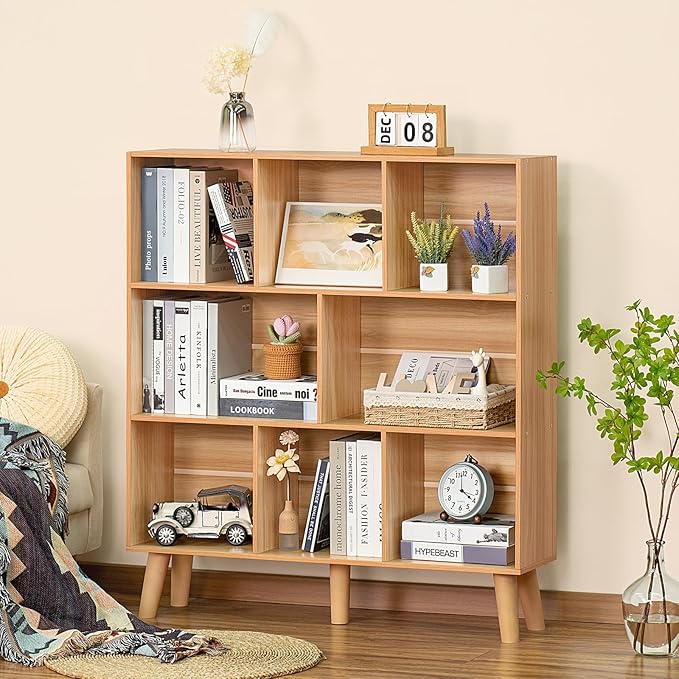 LEYAOYAO Wooden 5 Cube Bookshelf, Natural 3 Tier Book Shelf with Legs, Modern Open Storage Organizer,Boho Bookcase,Display Cabinet Shelf Free Standing Bookshelves for Bedroom,Living Room,Study-Ruum Studio Home