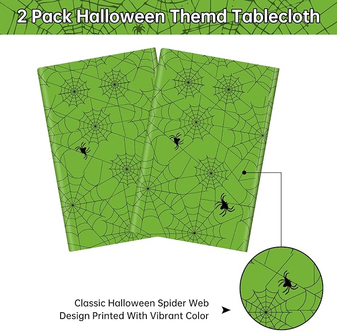 2 Pcs Halloween Tablecloth - Plastic Halloweens Spider Webs Table Cloth, Green Disposable Rectangle Spiderweb Table Cover for Halloween Party Decorations Supplies Favors Tables Decor, 108 x 54 Inch-Ruum Studio Home