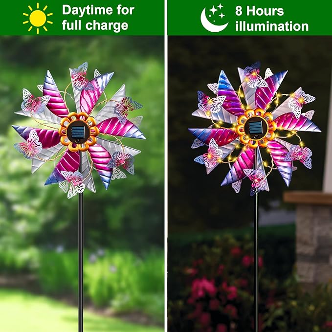 Solar Wind Spinner Outdoor, 360° Metal Large Butterflies Wind Sculpture with Outdoor Kinetic Windmills with Vine String LED Lights for Decor Garden Patio, Lawn & Yard-Ruum Studio Home