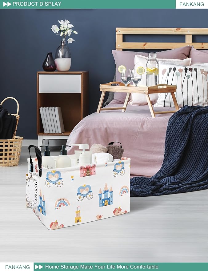 FANKANG Storage Bins, Nursery Hamper Canvas Laundry Basket Foldable with Waterproof PE Coating Large Storage Baskets for Kids Boys and Girls, Office, Bedroom, Clothes,Toys(Rec-castle carriage ）-Ruum Studio Home