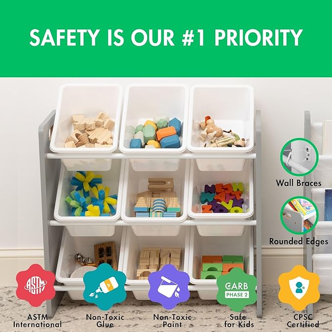 Humble Crew 9-Bin Toy Organizer – Inspire Grey with White Plastic Bins, 3-Tier Storage Solution for Kids' Playrooms and Nurseries-Ruum Studio Home