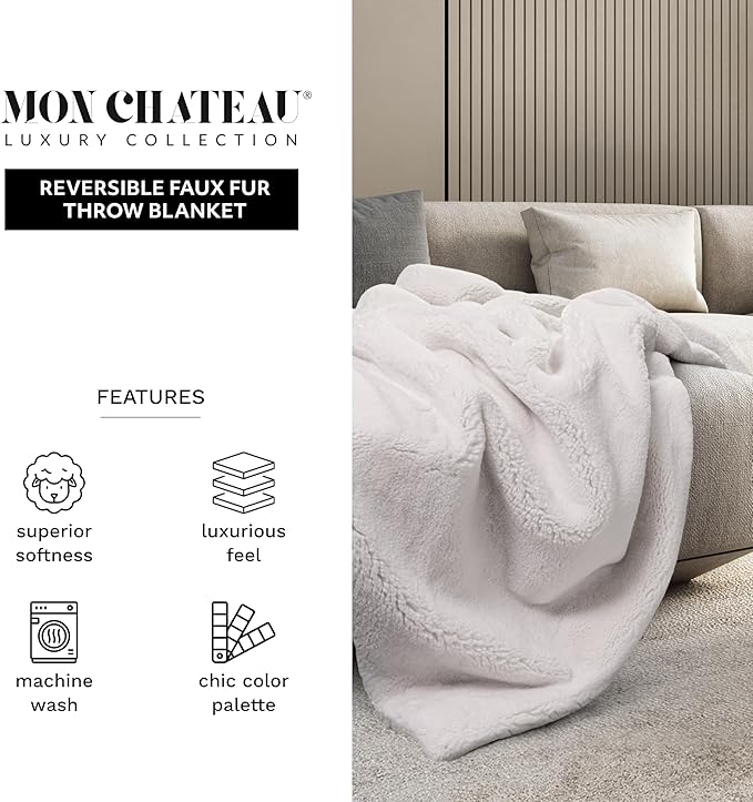 Mon Chateau Luxury Ultimate Plush Faux Fur Throw with 6cm Foldover for Couch, Sofa, or Bed - Plush Ultra Soft Blanket for Sleeping or Home Décor, 60" x 70" (Foldover Ivory)-Ruum Studio Home