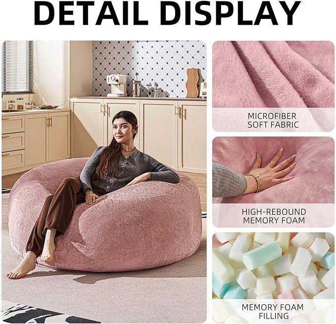 Bean Bag Chair 5Ft, Memory Foam Filled, Large Beanbag Chairs for Adults and Teens, Soft Sofa with Removable Flannel Cover, Round Couch for Living Room Bedroom College Dorm (Pink, 5FT-60×60"×24")-Ruum Studio Home