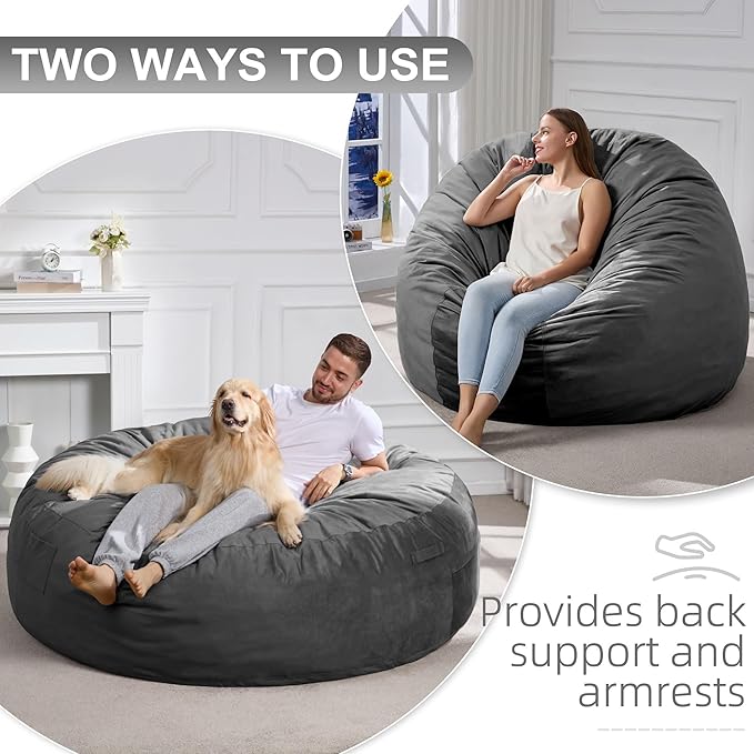 Hobestluk 6FT Bean Bag Chair Bean Bag Chairs for Adults Giant Bean Chairs with Velvet Cover, Memory Foam BeanBag Chair Fluffy BeanBag Chairs for Living Room, Bedroom- Grey (70" x 70" x 15")-Ruum Studio Home