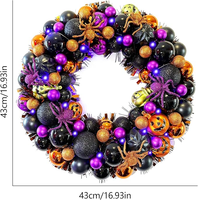 17 Inch Halloween Ball Wreath for Front Door with Lights, Lighted Cute Treat-or-Trick Door Wreath Ball Ornament for Halloween Indoor Decorations Centerpiece Party Holiday Wall Home Decor-Ruum Studio Home