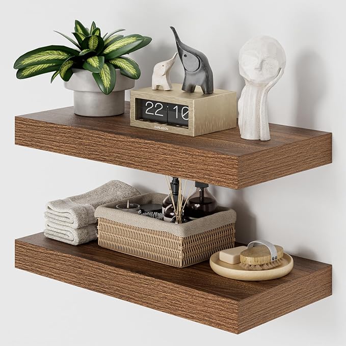 Heimlove 12" Deep Walnut Floating Shelves for Wall, 24 Inch Wall Shelf Bathroom Shelves Set of 2, Wall Mounted Shelves for Books Living Room Laundry Room Bedroom Kitchen Home Office-Ruum Studio Home