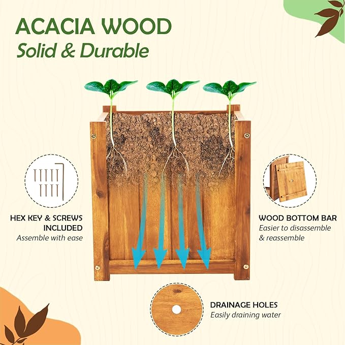 Idzo Set of 2 Hardwood Outdoor Flower Box, Durable Acacia Wood Flower Boxes for Outdoor Plants with Ergonomic Handles, Drainage Holes, Multiple Sizes Wood Bucket Planter for Home Décor-Ruum Studio Home