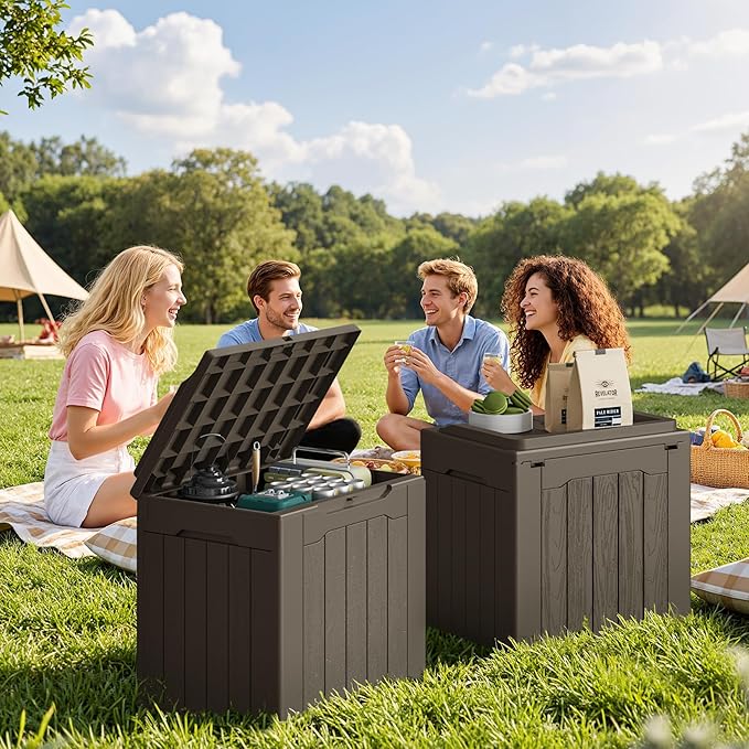 JUMMICO 31 Gallon Resin Deck Box Waterproof Indoor Outdoor Storage Boxes for Patio Furniture Cushions and Garden Tools (Brown, 31gallon-2 Packs)-Ruum Studio Home