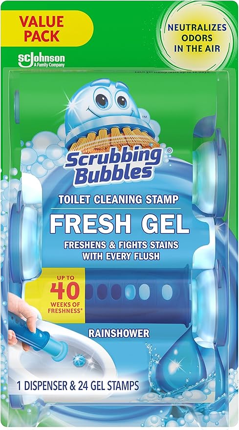 Scrubbing Bubbles Fresh Gel Toilet Bowl Cleaning Stamps, Helps Keep Toilet Clean and Helps Prevent Limescale & Rings, Rainshower Scent, 1 Dispenser with 24 Fresh Gel Stamps-Ruum Studio Home