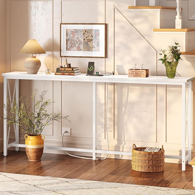 SUPERJARE 70 Inch Console Table with Outlets and USB-C Port, Extra Long Behind Couch Sofa Table with X-Shaped Design, Narrow for Entryway, Living Room, Metal Frame, Wooden Top, White-Ruum Studio Home