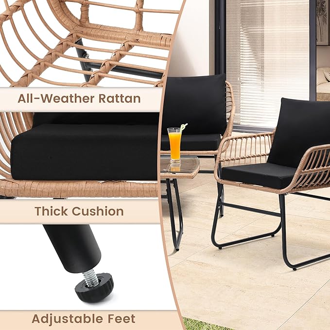 Kromax 4 Piece Patio Bistro Outdoor Furniture Set, Wicker Sofa, 2 Rattan Chairs, and Table, Backyard Conversation Set, All Weather Cushions, Natural Rattan Black Cushion-Ruum Studio Home