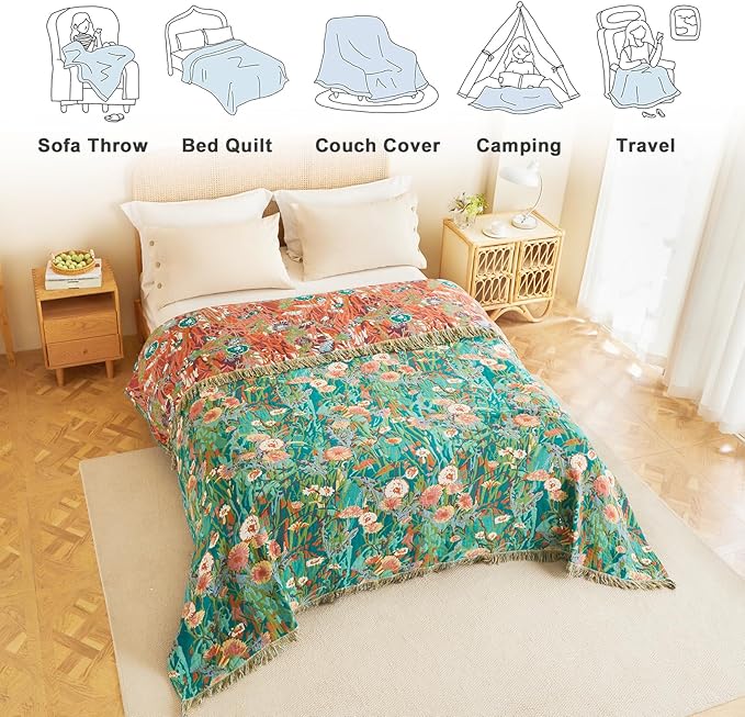 MSGKV Boho Throw Blanket for Bed Twin Size Cotton Muslin Breathable Floral Blanket 60"x80" Sofa Couch Blankets for All Seasons Lightweight Farmhouse Blankets Boho Home Decor-Ruum Studio Home