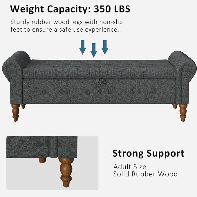 Storage Ottoman Bench for Bedroom, Linen 52" End of Bed Bench with Rolled Arms Upholstered Ottoman Bench Fit for Bedroom, Living Room, Entryway, Dark Gray-Ruum Studio Home