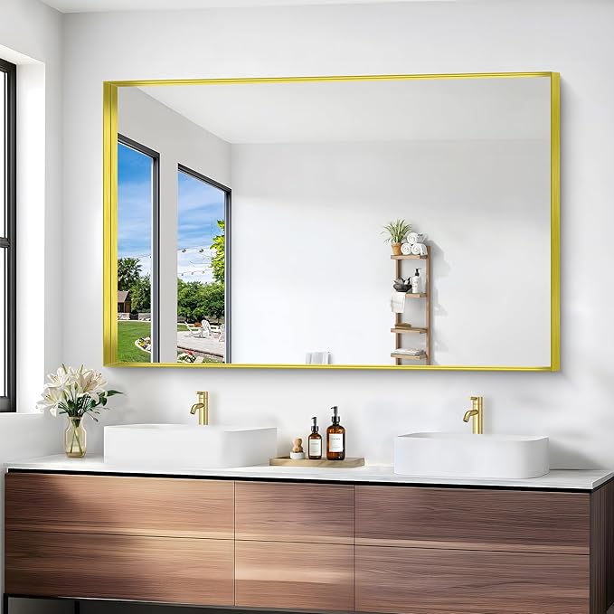 Gold Bathroom Mirror, 36x55 Inch Rectangular Deep Frame Mirror, Large Wall Mounted Bathroom Vanity Mirror Over Sink for Bedroom,Restroom, Living Room, Hangs Vertically or Horizontally-Ruum Studio Home