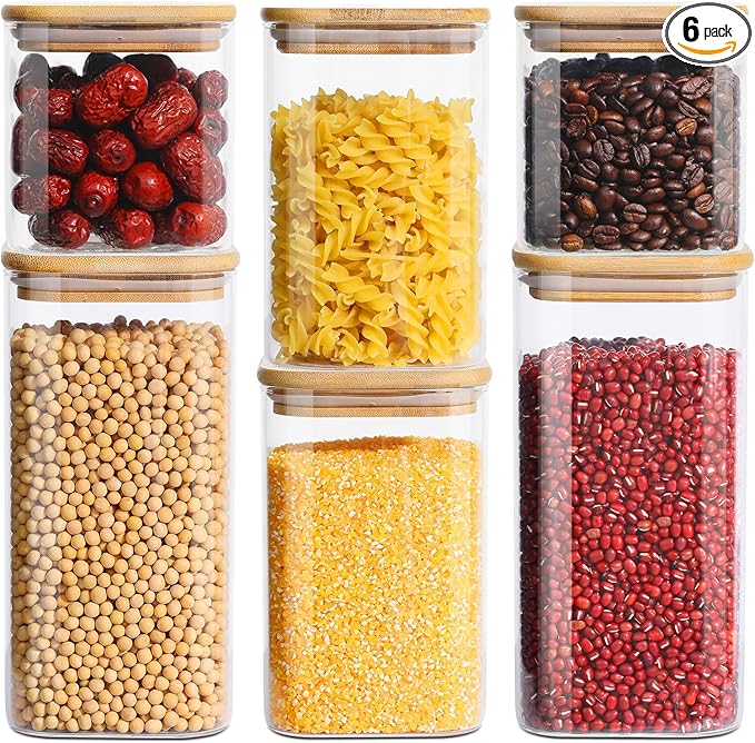 Glass Food Storage Jars with Lids(24oz/37oz/50oz)Square Set of 6 ,Glass Storage Containers Clear Glass Food Canister with Bamboo Lid Airtight For Serving Tea, Coffee Beans, Candy,Spice and More-Ruum Studio Home