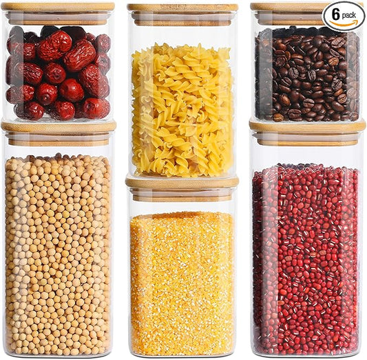 Glass Food Storage Jars with Lids(24oz/37oz/50oz)Square Set of 6 ,Glass Storage Containers Clear Glass Food Canister with Bamboo Lid Airtight For Serving Tea, Coffee Beans, Candy,Spice and More-Ruum Studio Home