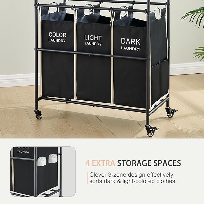 Laundry Sorter 3 Section,Laundry Hamper Cart with Hanging Rack & Removable Bags,Heavy Duty Laundry Basket with Wheels & 2 Tier Shelf,Space-Saving Laundry Basket Organizer for Laundry Room-Ruum Studio Home