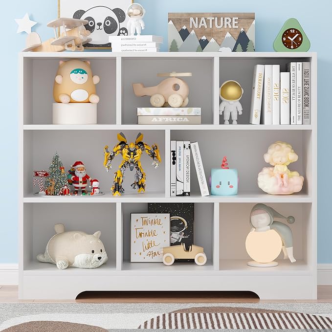 Book Shelf, 8 Cubes Storage Organizer, 3-Tier Open Shelf Wooden Bookcase, Freestanding White Bookshelf Cube Shelf for Bedroom, Living Room-Ruum Studio Home