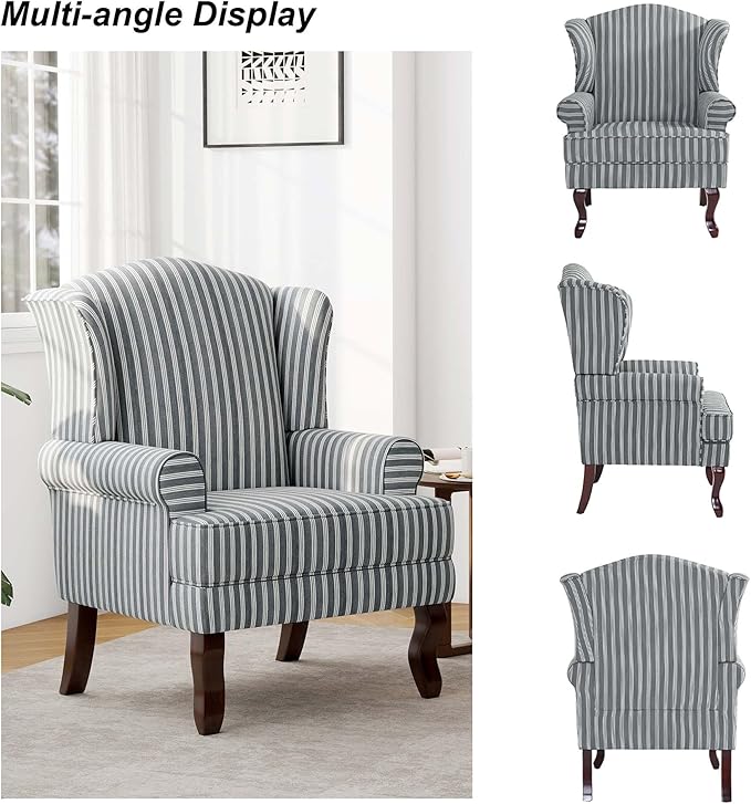 Accent Chair, High Back Upholstered Armchair with High Resilience Sponge & Wood Legs, Mid-Century Modern Comfy Single Sofa Reading Chairs for Living Room, Bedroom (Stripe Grey, Set of 1)-Ruum Studio Home