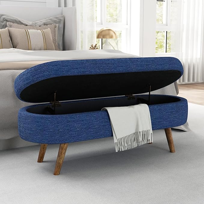 Oval Storage Bench 43.5" Linen Fabric Upholstered Entryway Bench with Solid Wood Legs Ottoman Bench Indoor Bench for Living Room/Bedroom/End of Bed/Entryway (Dark Blue)-Ruum Studio Home