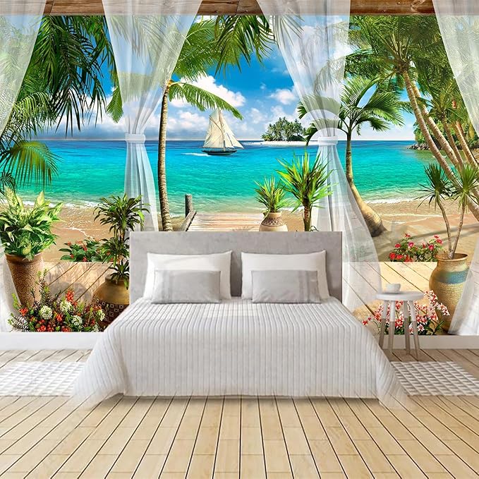 WFBHUA-Wall Mural Tropical Beach Palm Tree Wallpaper Balcony Window Seascape Landscape Wallpaper for Bathroom Living Room Bedroom (Not Peel and Stick)-Ruum Studio Home