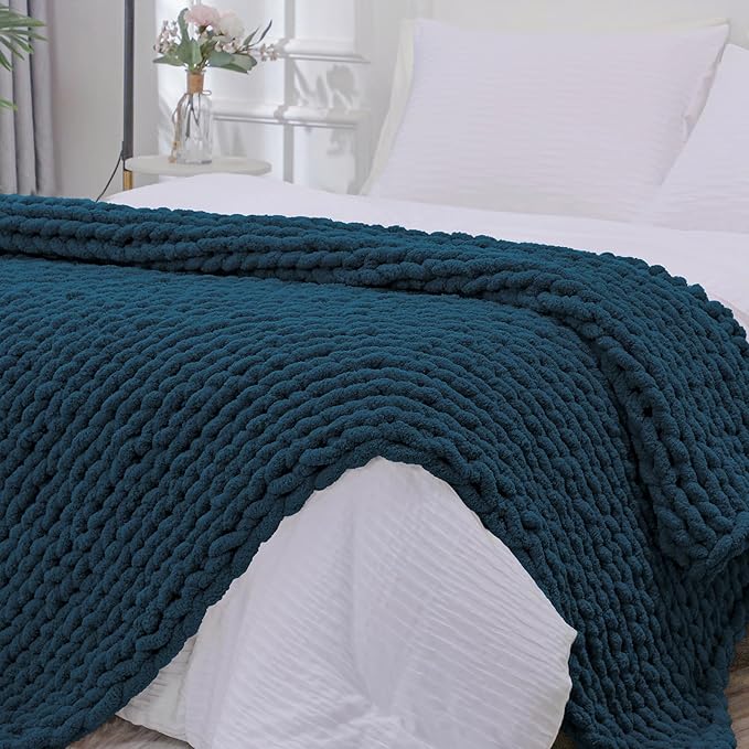 Bigacogo Chunky Knit Throw Blanket for Couch, 51x63 inches, 100% Hand Knitted with Thick Jumbo Chenille Yarn, Cozy Soft Large Rope Knot Cable Crochet Blankets for Sofa Bed Living Room, Deep Sea Blue-Ruum Studio Home
