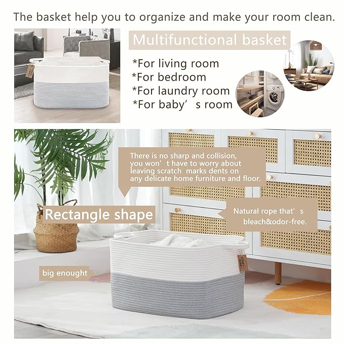 COMFY-HOMI Large Rectangle Laundry Storage Basket | Cotton Rope Woven, Organizing with Handle | Dirty Cloth & Baby Shower Basket | 22x15x12' - White/Grey-Ruum Studio Home