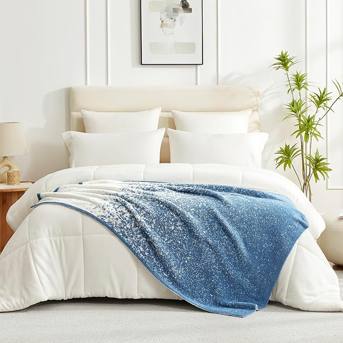 Snuggle Sac Blue Blanket Twin Size for Bed and Sofa, Reversible Super Soft Blankets Warm Cozy Knit Blankets Fuzzy Plush Lightweight for Couch, Picnic, Ombre Blue, 60x80 inches-Ruum Studio Home