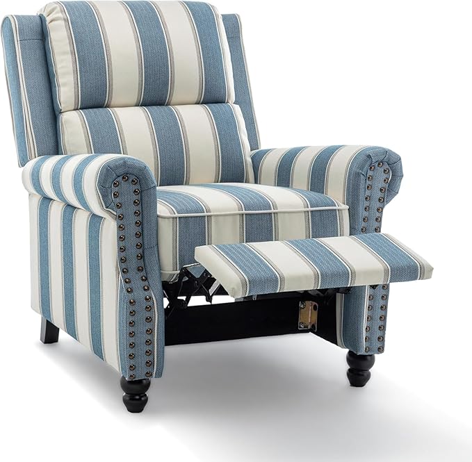 UIXE Pushback Recliner Chair Push Back Accent Chair, Fabric Overstuffed Armchair for Living Room, Rivet Trim Club Chair Home Theater Single Sofa Bedroom Reading Seat - Stripe Navy-Ruum Studio Home