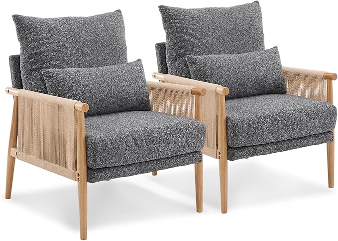 VINGLI Boho Braid Accent Armchairs Set of 2,Mid-Century Modern Chiars with Solid Wooden Armrest,Comfy Louge Cushion Chairs with Waist Pillow for Bedroom,Living Room,Reading Room, Gray-Ruum Studio Home