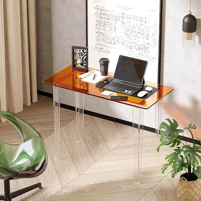 Acrylic Desk, Modern Study Table for Home Office - Extended Surface Multi-Purpose Console & Entryway Table, Sturdy Lightweight Design (42.5-inch, Orange)-Ruum Studio Home