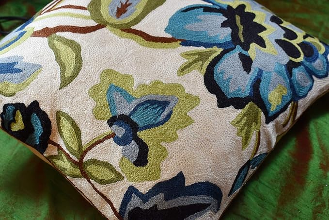 Modern Cream Decorative Floral Pillow Cover Needlepoint White Flower Hand Embroidered Pillowcase Flowery Outdoor Suzani Accent Cushion Boho Chair Modern Chair Pillowsham Wool Size 18x18-Ruum Studio Home